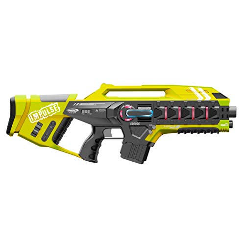 JAMARA 410083 - Impulse Gun - Rifle Set - Laser Tag mit 3 Battlemodi Spieler je Team, Last Man Standing, Duell, 4 simulierte Waffen mit Soundeffekte, bis 40m Reichweite, gelb/rot
