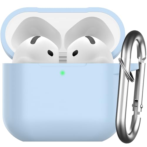 Nemteur für AirPods 4 Hülle 2024, Schützende Silikon Case für AirPods 4th 2024 Skin Front LED Sichtbar Silikon Hülle mit Karabiner, Hellblau