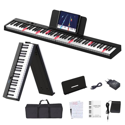 OYAYO 88 Tasten Faltbar klavier, Keyboard Electric Piano Foldable mit Halb Gewichtet Leuchttasten, Klavier Aufkleber,USB MIDI & Bluetooth, Digitales Klavier mit 128 Rhythmen Töne für Anfänger Geschenk