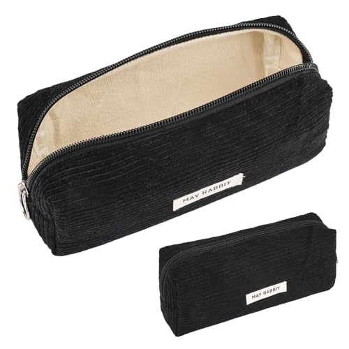 Deepton Mäppchen Cord-Stoff, Federmäppchen Milchig Schwarz für Mädchen Teenager, Federtasche Stiftetasche Stiftemappe Pencil Case Schulmäppchen für Schule, Büro - Schwarz