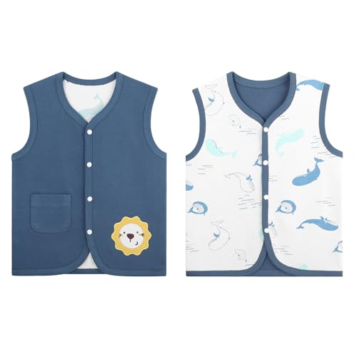 Baby Kleinkind Kinder Baumwoll Westen Doppelseitig Ärmellose Jacke Kinderweste mit Druckknopf Frühling Herbst, Löwe Blau 73