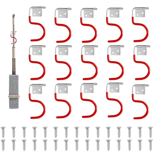 EVDZNA Metallhaken Gerätehalter 15 Stück, Rot, Werkzeughalter, Besenhalter, Gartengeräte Aufhängung, Multifunktions System, Halter für Gartenwerkzeuge & Elektrogeräte, Metal Haken, Gummierter Griff