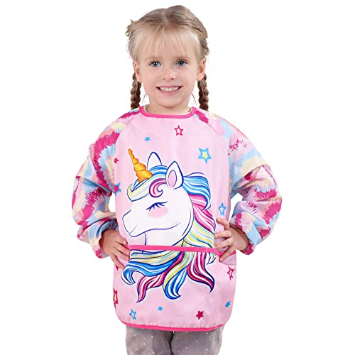 WERNNSAI Einhorn Malschürze Kinder - Kinderschürze für Mädchen im Alter von 3–8 Jahren Wasserdichte Kleinkinder Kunstkittel Malerei Malkittel Kinder mit Langen Ärmeln und 3 Taschen
