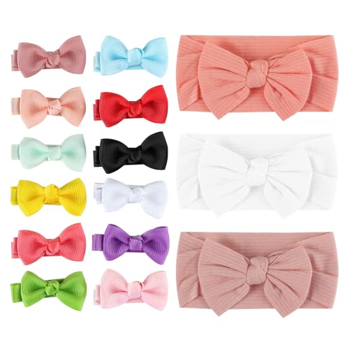 Werownsgso Paket von 15 Bogen Kleinkind Haar Stirnbänder und Clips,3 StückBaby Mädchen Nylon Stirnbänder,12 Stück Baby-Haarspangen,Bögen Kinder Haarschmuck für Neugeborene, Kleinkinder