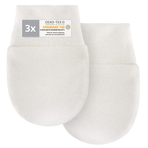 LaLoona Kratzfäustlinge/Kratzhandschuhe Set mit elastischem Bund - 3 Paar Baby Handschuhe gegen Kratzen, 100% Baumwolle, OEKO-TEX® Standard 100 geprüft - Weiß