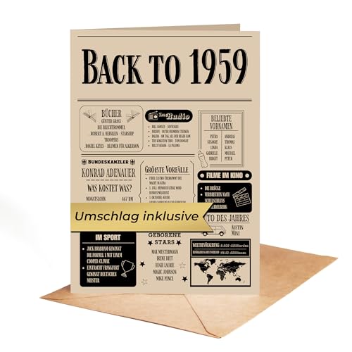 Geschenk zum 66 Geburtstag Mann und Frau – Geburtstagsgeschenk für Männer – Back in 1959 Kärtchen im Design Zeitung aus 1959 – Super Geschenke für Männer und Geschenke für Frauen zum 66. Geburtstag