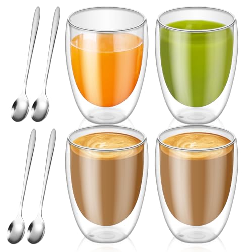 Latte Macchiato Gläser, 4 Pcs Cappuccino Tassen, 350ml Latte Macchiato Gläser Doppelwandig, Doppelwandige Gläser Aus Borosilikatglas, Thermogläser Doppelwandig Für Cappuccino, Tee, Kaffee, Eiskaffee