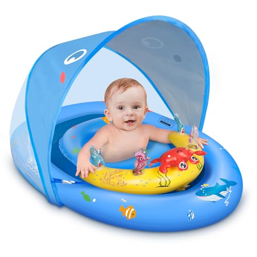 LAYCOL Schwimmring Baby mit UPF50+ Sonnenschutzdach & Spielzeug, Verstellbarer Sicherheitssitz, Kleinkind Pool Schwimmring für 6-36 Monate (Blue) (Blue, L)