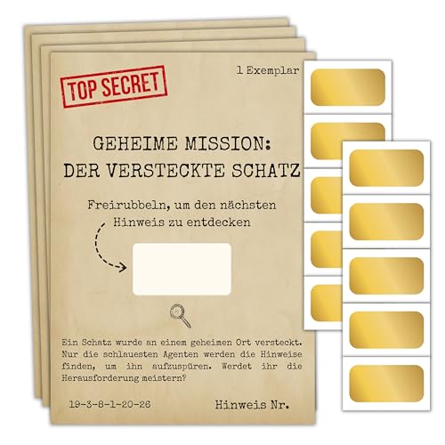 Rubbelkarten-Schatzsuche für Geburtstagsparty – Indoor-Outdoor-Schnitzeljagd-Ferienspiele für Kinder von 5–12 Jahren – Spionage/Geheime Mission –10 personalisierbare Karten + 10 Rubbelaufkleber