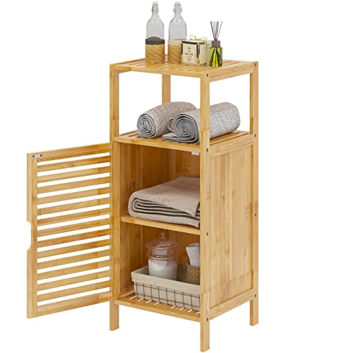 soges Bambus Beistellregal Badschrank Badezimmerschrank Beistellschrank Aufbewahrungsschrank mit Lamellentür und Regale Bambusschrank für Wohnzimmer, Badezimmer