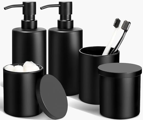 GMISUN Seifenspender Zahnputzbecher Set, Seifenspender Set Schwarz 5-teilig, Glas Badezimmer Set mit 2 Seifenspendern, 1 Zahnputzbecher, 2 Wattestäbchenhalter, praktischer Badezimmer Organizer