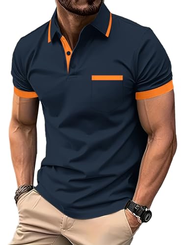 zitysport Poloshirt Herren Kurzarm Shirt Atmungsaktives Golf Polo Shirt Männer Sommer Shirts Sport Basic Slim Fit Tshirt mit Brusttasche Polohemd(Orange Marineblau-XL)