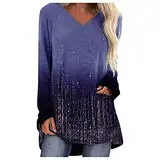 Damen T-Shirt Shirt mit Etwas Längeren Ärmeln Damen Größe 50 Damen-Cutout-Spitzennähte mit Rhalsschnitt Langarmshirts Lässige Oberteile Bequemes Personalisiertes Langarm-T-Shirt (Purple, XXL)