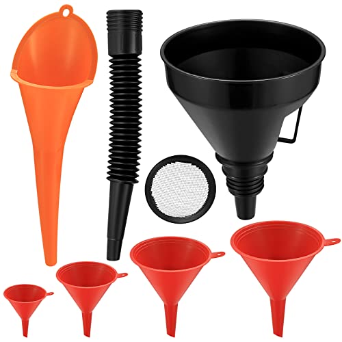 6 Stück Einfülltrichter Set, rechtwinkliges flexibles Kunststoff Trichter Set, Universal Auto Benzin Kraftstoff Trichter mit abnehmbarem Auslauf und langen Trichtern – Rot/Orange/Schwarz