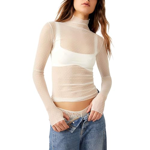 Damen Sheer Mesh Langarmshirt Stehkragen Durchsichtige Langarm Oberteil Enge Unterziehshirt Layering Tops Shirts Bluse (Weiß, S)