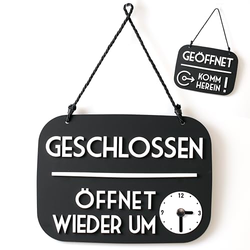 3DP Geöffnet Geschlossen Schild Bin gleich zurück mit Saugnapf, Vintage Retro - Öffnungszeiten änderbar, mit Zeitanzeige und beweglichen Zeigern (Schwarz, Deutsch)