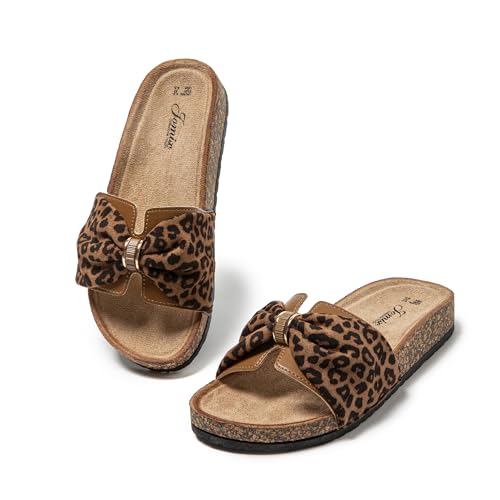 JOMIX Pantoletten Damen Sommer Kork Clogs Fliege Strandsandalen Sommerschuhe Bequeme Strand Sandalen (Leopardenmuster, 41EU, WCF250717)