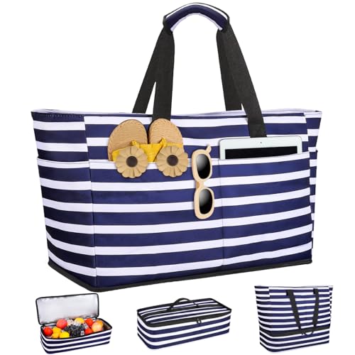 ISEYOU Strandtasche XXL Familie mit Kühltasche, Groß Strandtasche mit Reißverschluss Wasserdicht Sanddicht, Handtasche Damen 49L, Faltbar Badetasche für Urlaub Reisen Fitnessstudio Picknick