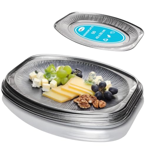Enpack Alu Servierplatte 43 x 29 cm - ovaler einweg Teller - große Tortenplatte für Catering, Party oder andere Veranstaltungen - Aufschnittplatte (43 x 29cm, 10, stück)