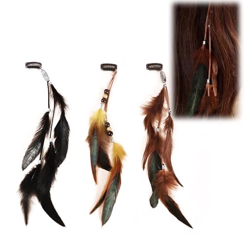 Hsyadazi 3 Stück Boho-Feder-Haarspangen – Indischer Kopfschmuck für Frauen in Gelbgrün, Braun & Schwarz – Hippie Haarclips für Festival, Hochzeit & Bühnenauftritt