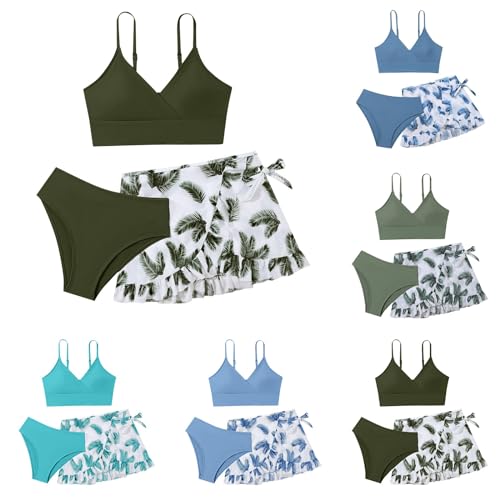 Bikini Mädchen Set, Blumenmuster Bikini Teenager 3 Stück Schicke Einfarbig Bikini Set Elegant Triangel Bikinioberteil mit Bikinihose und Rock Hawaii Schwimmanzug für 9-17 Jahre