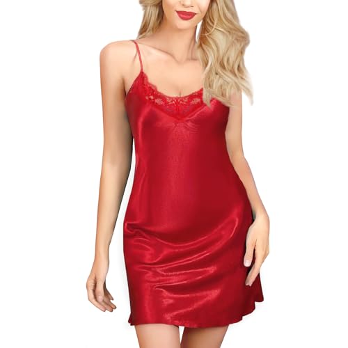 Aomig Satin Nachthemd Damen Negligee Kurz Sommer Spaghetti Nachtwäsche Ärmellos Nachtkleid Spitze Nachthemden Verstellbare Träger Spaghettiträger Babydoll Unterkleid Sleepwear Schlafshirt Frauen XL