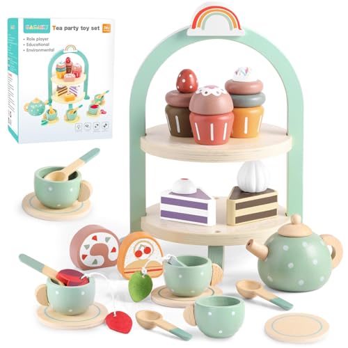 GAGAKU Teeservice Kinder Teeset aus Holz, Teeparty Spielküche Rollenspiele Kinderküche Zubehör Holz Kindergeschirr Spielküche Geschenk für Kinder