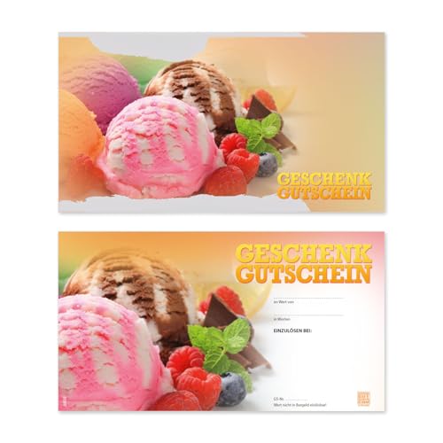GESCHENKGUTSCHEINcom by POS-HAUER. 100 Gutscheine, blanko zum selber Ausfüllen. Für Eissalon Eis-Café Eisdiele Gastronomie.