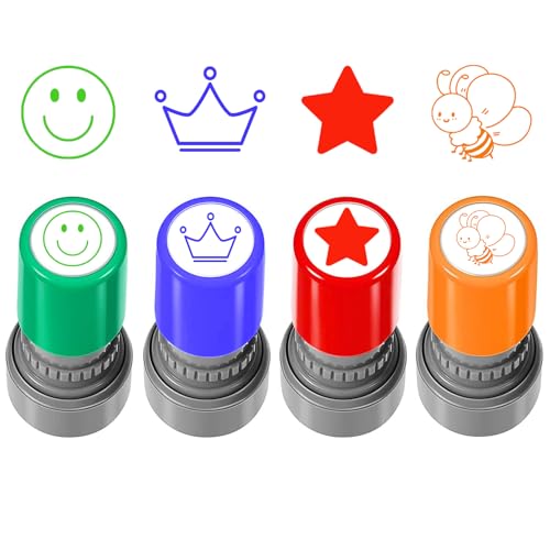 4 Stück Selbstfärbende Lehrer Stempel, Lob Ermutigung Kinder Stempel, Lehrer Bewertung Belohnung Motivation Briefmarken, Bunte Cartoon Stempel Lob Siegel Ermutigung, Belohnungsstempel Set