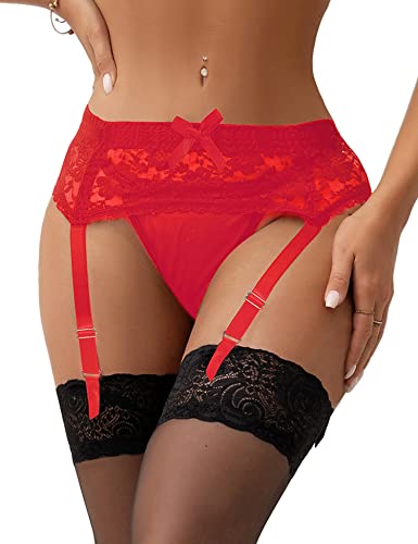 ohyeahlady Damen Strapsgürtel Spitze mit 4 Halter Strumpfhalter Strapsen Slips Dessous Set Strumpfband Hosenträger Hüfthalter(Rot,XS-S)