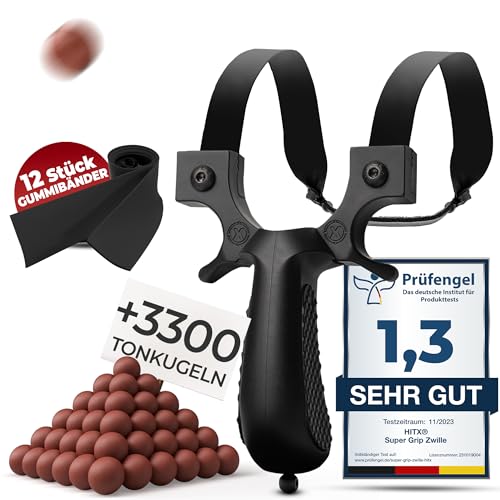 HITX® Zwille Steinschleuder Spar-Bundle [SG-Rom] - 1x Super Grip Schleuder | 3300x Tonkugeln Munition | 12x Gummibänder Extra Stark |Slingshot Bundle Set