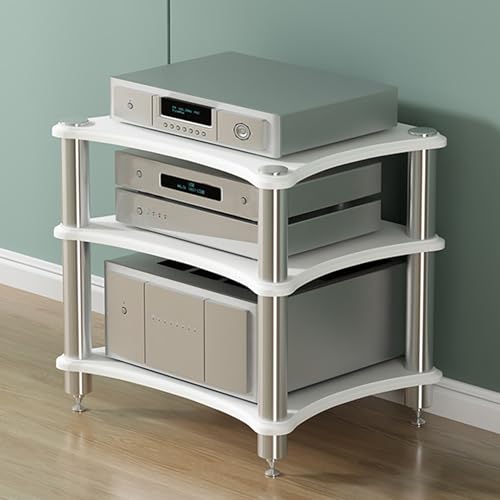 Weißer Stereo-Schrank, Media-Ständer, 4 Etagen, AV-Rack für Gaming- und Audio-Geräte, stilvolle Aufbewahrung für Spielkonsolen und Plattenspieler, kompaktes Regal (60 x)