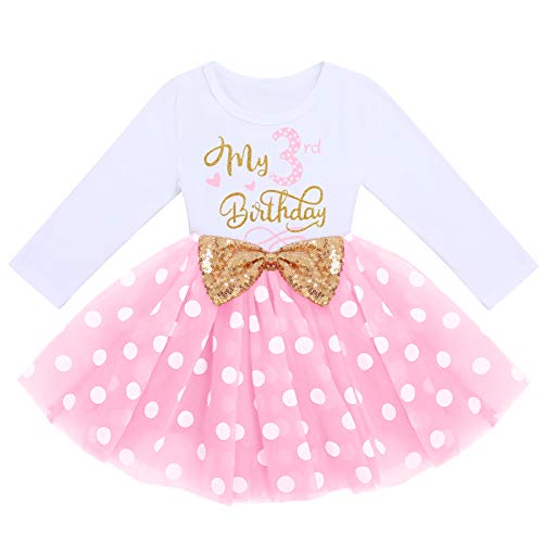 FYMNSI Kleinkinder Mädchen Mein 3. Geburtstag Kleid Baumwolle Langarm Gepunktet Tutu Tüllkleid Pailletten Schleife A-Linie Prinzessin Partykleid Fotoshooting Outfit Kostüm Rosa Tupfen 3 Jahre