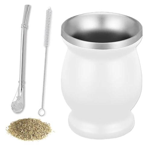 Mate Becher, Mate Teebecher, Edelstahl Companion Tee Set, Mate Tee Set mit Strohhalmlöffel und Reinigungsbürste, Companion Kürbis Set für Kaffee, Milch, Holzmaserung Farbe, 8 Unzen, Weiß