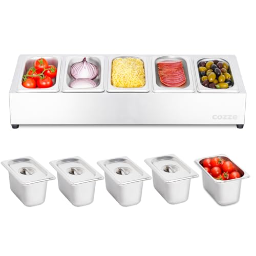 cozze® Pizza Toppingstation – Edelstahl Zutatenbehälter mit Deckel für Pizzabeläge – Professionelle Pizza Belegstation mit 5 Fächern – Pizza Zubehör für Küche und Gastronomie