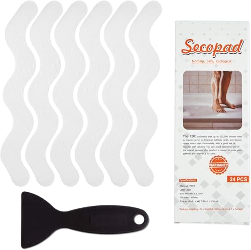 Secopad Anti-Rutsch Aufkleber 24 Stück Sicherheitsstreifen für Badewanne, Klebende Sticker mit Premium Schaber für Badewanne, Dusche, Treppe (Farblos)
