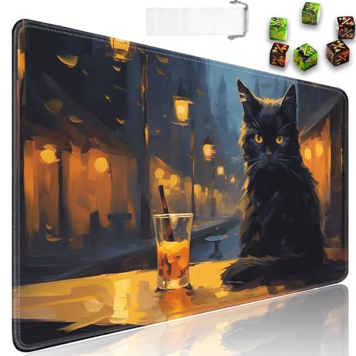 MTG Spielmatte + Reisetasche mit Kordelzug + 6 Würfelzähler, für Tisch-Sammelkartenspiel-Spielmatten oder großes Mauspad, rutschfestes Gummi, 61 x 35,6 cm, schwarze Katze im Café bei Nacht TCG Playmat