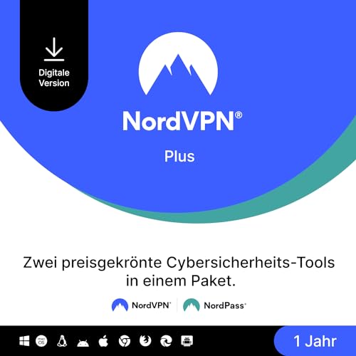 NordVPN Plus – 1 Jahr – VPN & Cybersicherheits-Softwarepaket – Persönliche Daten schützen, Passwörter sicher verwalten – PC/Mac/Mobile [Online Code]