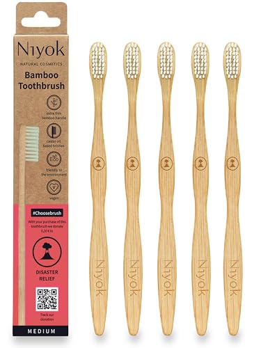 Niyok® Bambus Zahnbürste "KATASTROPHENHILFE" 5er • Zahnbürste aus Bambus • Mittelweiche Borsten • Natürliche Holzzahnbürste • Nachhaltige Zahnbürsten • Toothbrush • Plastikfrei & Vegan