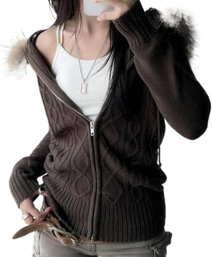 LLECDASEUI Kunstfell Pelzbesatz Hoodies Für Frauen, Y2k Kabel Stricken Langarm Gekürztes Sweatshirt, Reißverschluss Schlanke Jacke Mit Fellkapuze (S,Braun)
