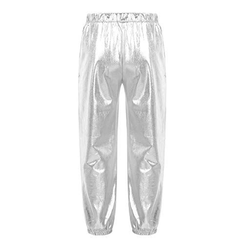 inlzdz Kinder Mädchen Lang Hosen Glänzend Leggings Metallic Tanzhose Hip Hop Hose Hohe Taille Jazz Tanz Fasching Sport Kostüme Silber 158-164