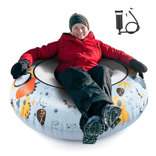 GYMAX Ø132cm Schneeschlauch, aufblasbarer Schlitten Abschlepphaken, Handpumpe & Griffe, Schneeschlitten bis 100kg belastbar, Schneereifen für Kinder Erwachsene
