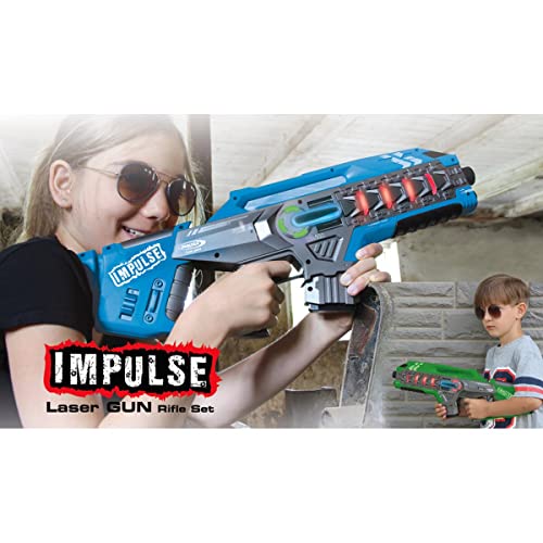 JAMARA 410084 - Impulse Gun – Rifle Set - Laser Tag mit 3 Battlemodi Spieler je Team, Last Man Standing, Duell, 4 simulierte Waffen mit Soundeffekte,bis 40m Reichweite, blau/grün