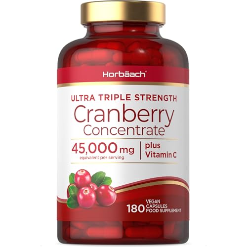 Cranberry Kapseln Hochdosiert 45000mg | 180 Vegane Konzentrat Tabletten | Preiselbeerextrakt Komplex mit Vitamin C | by Horbaach