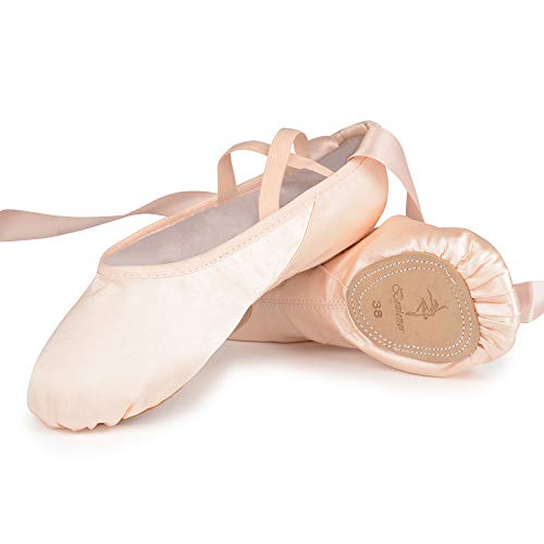 Ballettschuhe Rosa Ballettschläppchen Tanzschuhe aus Satin mit Band Geteilte Ledersohle für Kinder und Erwachsene 38 EU