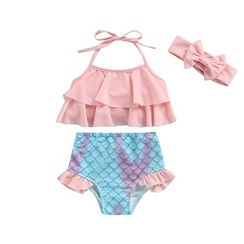 3-teiliger Badeanzug für Babys, Mädchen, Bikini, Mädchen, Tankini Set, Crop Top mit Rüschen, Halterneck und Höschen mit Stirnband, Rosa, Blau., 80