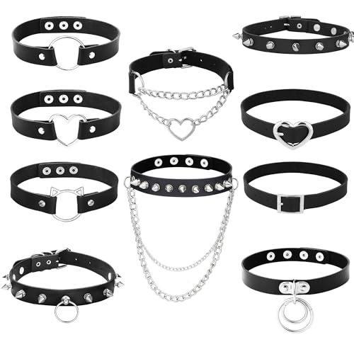 Dochais 10 Stück Punk PU Leder Halskette Set, Verstellbar Vintage Gothic Halskette Choker, Punk Kette Schwarz Leder Halsband Choker, Spikes Halskette Rock Lederband Choker für Damen Mädchen Club Party