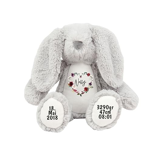 Kuscheltier personalisiert mit Name, Baby-Geschenk, Tauf-Geschenk, Plüschtier, Stofftier, Hase, zur Geburt, Erinnerung, Kinder, Taufe