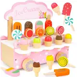 Eiscreme Wagen Kinder, 3-in-1-Spielküche Zubehör mit EIS, Spielzeug ab 3 Jahre, Eisdiele Kinder Holz mit Aufbewahrung, Eisständer Kaufladen Rollenspiel, Kinderküche Montessori Geburtstagsgeschenke