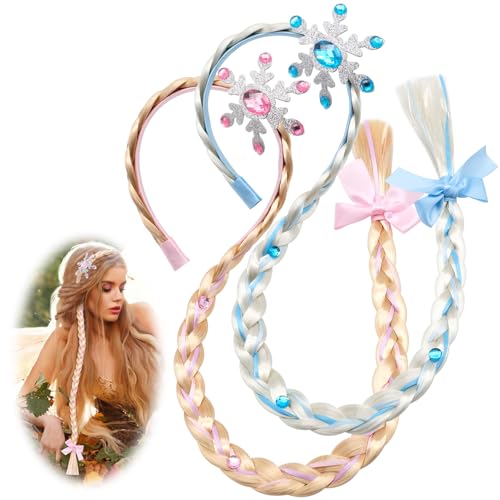 2 Stück Mädchen Haarband Zopf Geflochten, Geflochtene Prinzessin Perücken,Kinder Haarverlängerungen und Prinzessin,Dressing Up Haarschleifen für Frozen Princess Theatre Cosplay und Rollenspiel